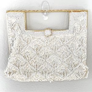 Vintage DELILL Sequin White Micro Beaded Gold Tone Metal Evening Handbag Clutch